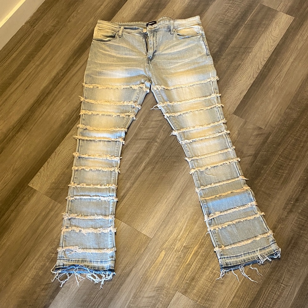 Mens Distressed Light Blue Flare Jeans by Fashion Nova